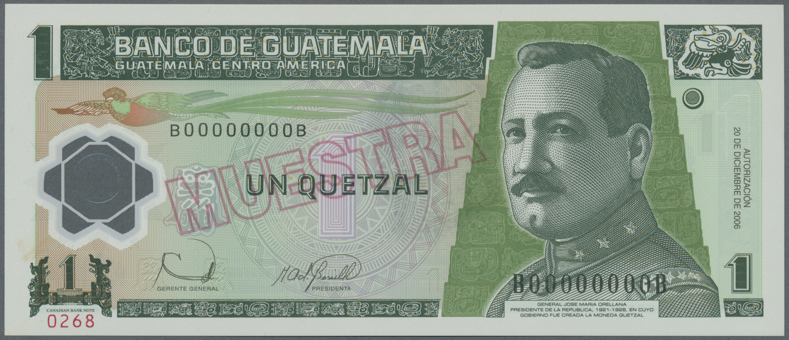 00969 Guatemala: 1 Quetzal 2006 Polymer Specimen P. 109s In Condition: UNC. - Guatemala