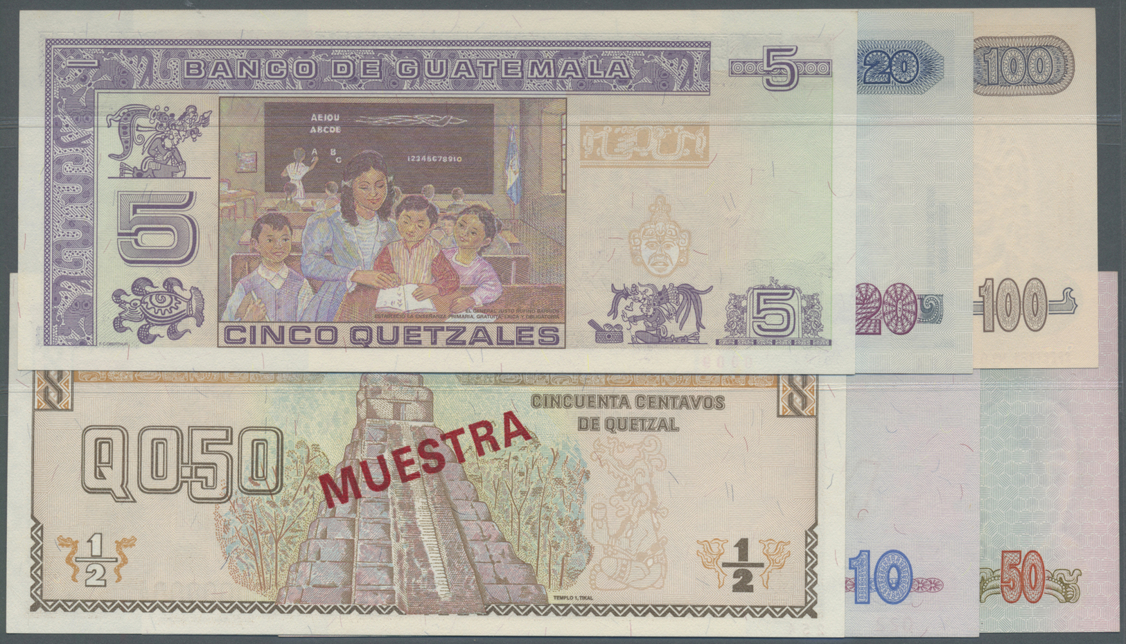 00970 Guatemala: Set Of 6 Specimen Notes Containing 1/2 Qu. 1998, 5 Qu. 2006, 10 Qu. 2006, 20 Qu. 2006, 50 Qu. 2006 And - Guatemala