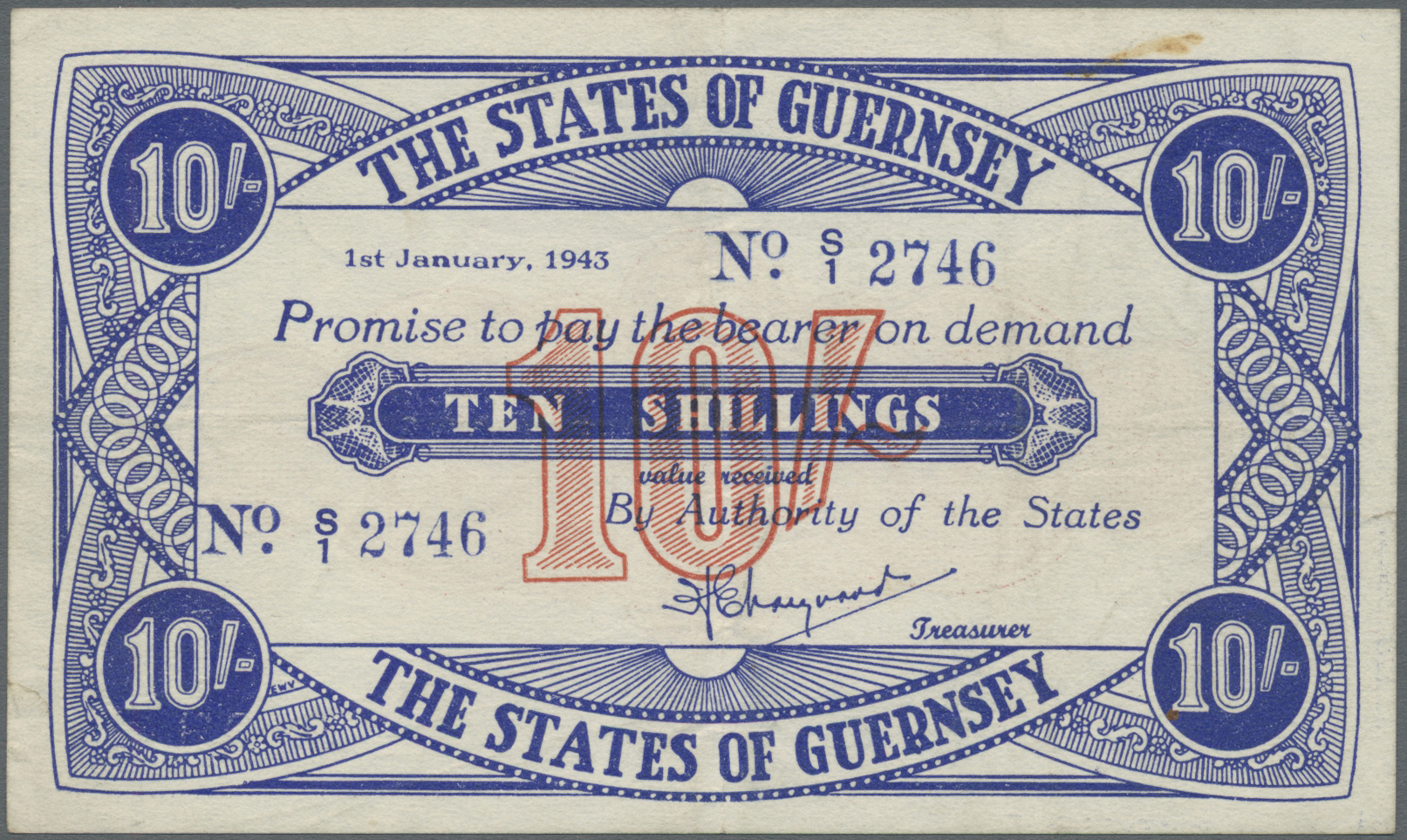 00972 Guernsey: 10 Shillings 1943 Pick 32, Horizontal And Vertical Fold, Light Handing In Paper, No Holes, 2 Small Borde - Other & Unclassified