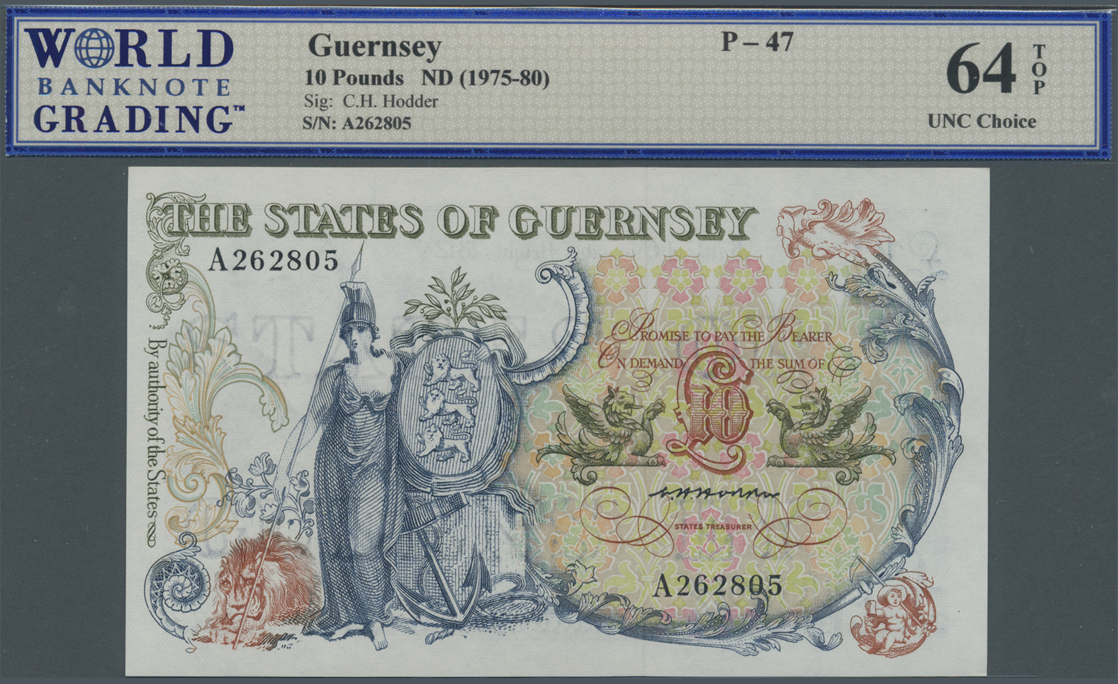 00976 Guernsey: 10 Pounds ND(1975-80), P.47 In Perfect Condition, WBG Graded 64 UNC Choice TOP - Other & Unclassified