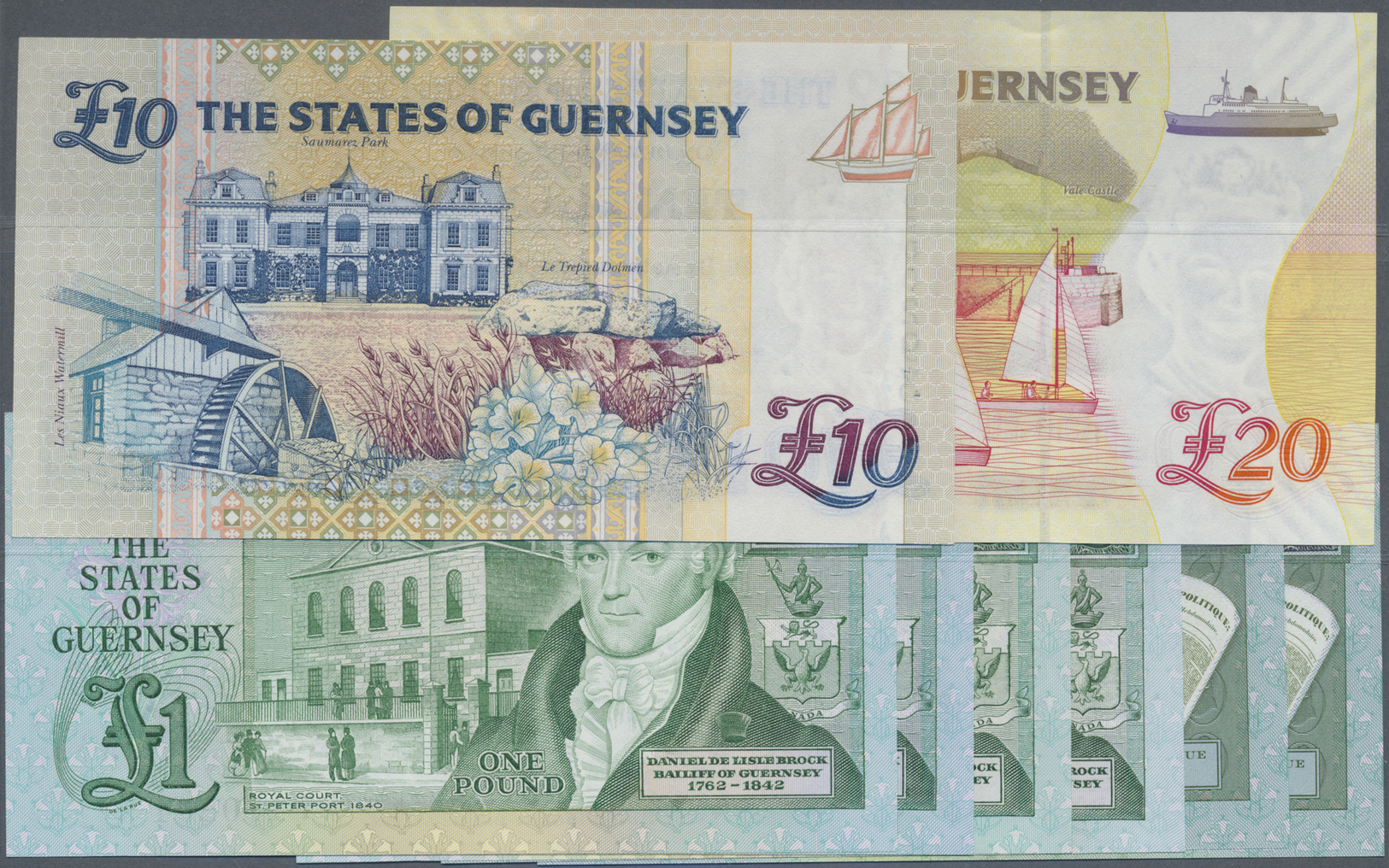 00977 Guernsey: Set Of 8 Notes Containing 4x 1 Pound P. 48 (2x Sign. Brown, 2x Sign. Bull), 2x 1 Pound P. 52, 1x 10 Poun - Other & Unclassified