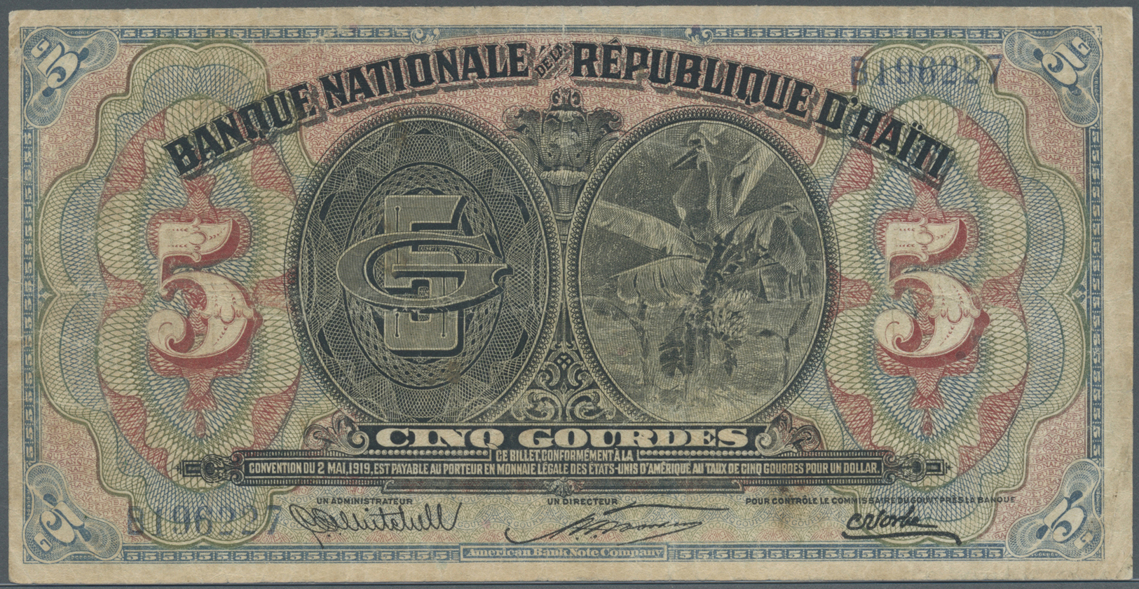 00979 Haiti: 5 Gourdes ND(1920-24) P. 152a, More Rare Higher Denomination Of This Series, Used With Many Folds And Creas - Haiti