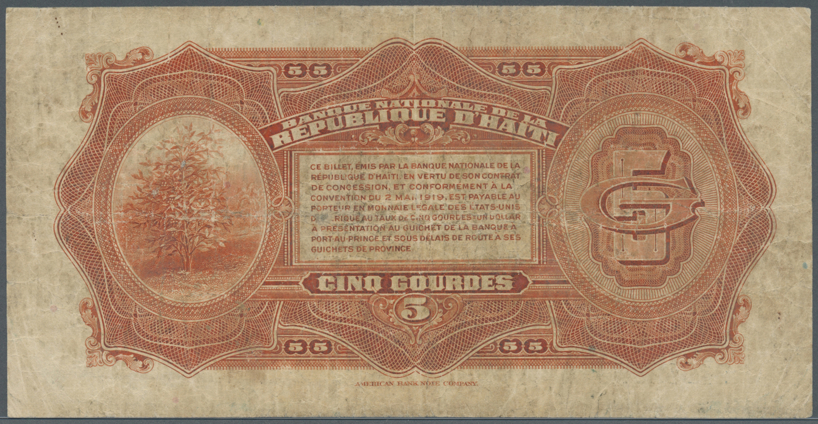 00979 Haiti: 5 Gourdes ND(1920-24) P. 152a, More Rare Higher Denomination Of This Series, Used With Many Folds And Creas - Haiti