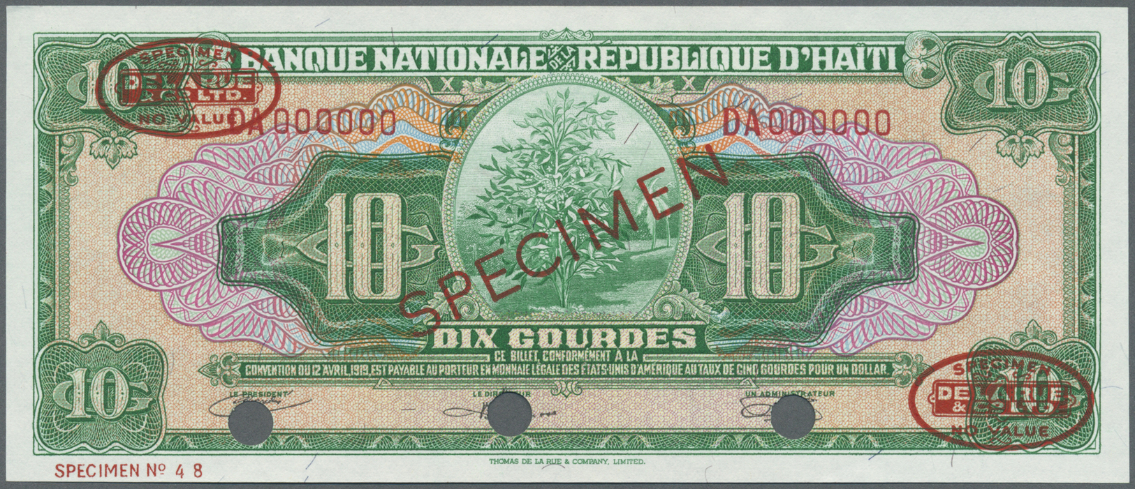 00980 Haiti: 10 Gourdes L.1919 Specimen P. 193s In Condition: UNC. - Haiti