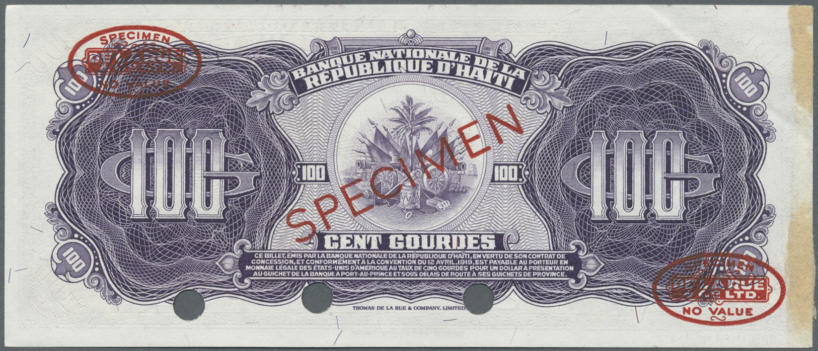 00982 Haiti: 100 Gourdes L.1919 Specimen P. 195s In Condition: AUNC With Glue Residuals On Back At Left Border. - Haiti