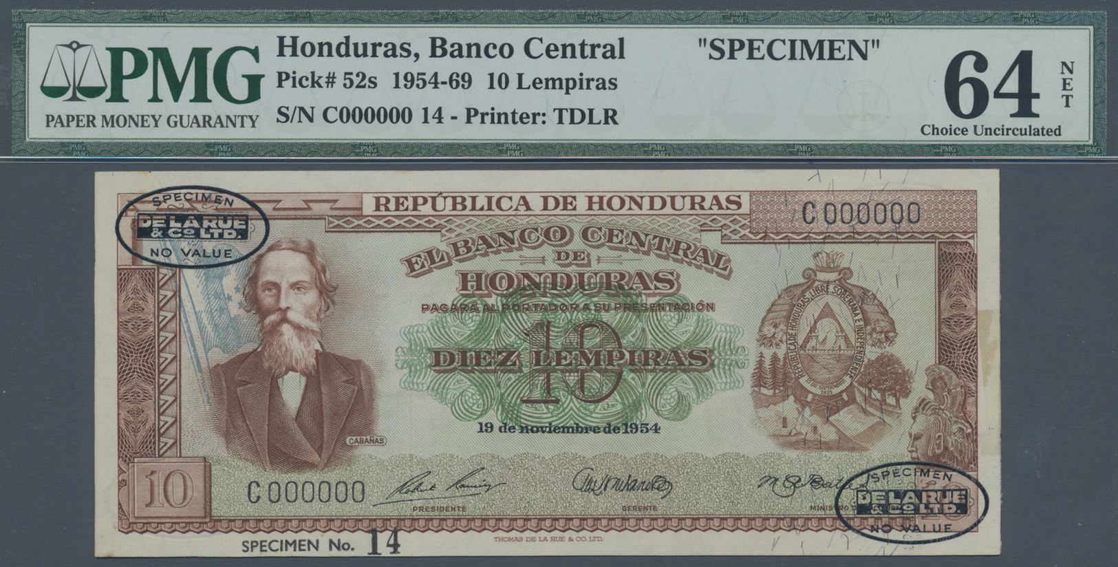 00990 Honduras: 10 Lempiras 1954 Specimen P. 52s, PMG Graded 64 Choice UNC Net. - Honduras