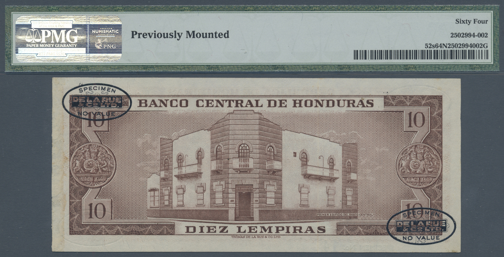 00990 Honduras: 10 Lempiras 1954 Specimen P. 52s, PMG Graded 64 Choice UNC Net. - Honduras