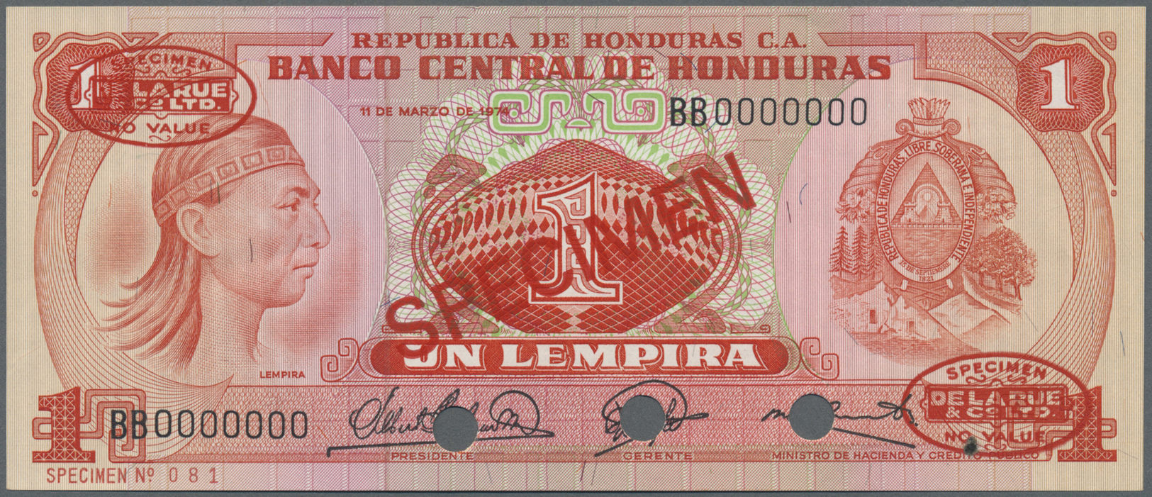 00992 Honduras: 1 Lempira 1974 Specimen P. 58s In Condition: AUNC. - Honduras