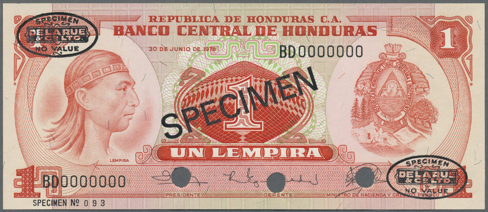 00993 Honduras: 1 Lempira 1978 Specimen P. 62s In Condition: AUNC. - Honduras