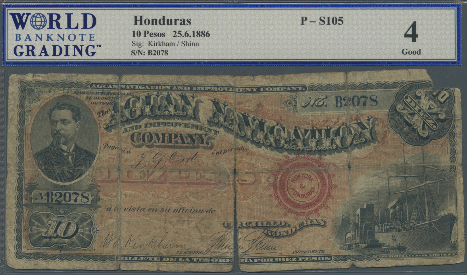 00995 Honduras:  Aguan Navigation And Improvement Company 10 Pesos 1886, P.S105 In Well Worn Condition, Almost Torn Into - Honduras