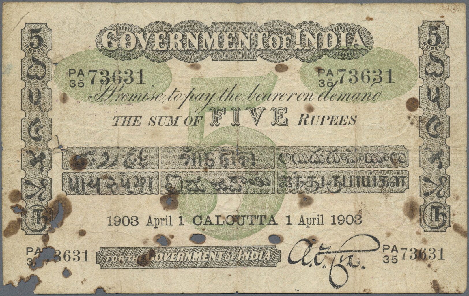 01033 India / Indien: Government Of India 5 Rupees 1903 P. A3, CALCUTTA Issue, Used With Folds And Crease, Stained Paper - India