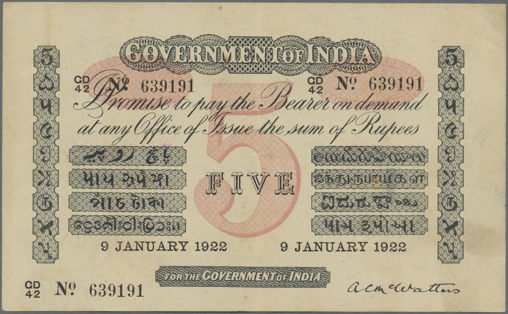 01037 India / Indien: Government Of India 5 Rupees 1922 P. A6 In Exceptional Condition, 2 Usual Pinholes At Left, Light - India