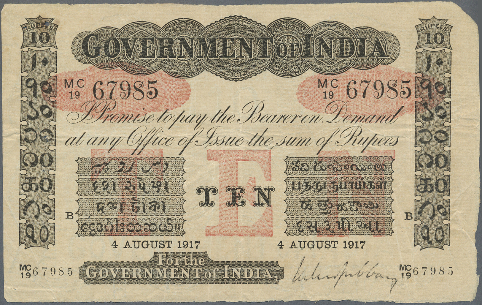 01043 India / Indien: Government Of India 10 Rupees 1917 P. A10 BOMBAY Issue, Used With Folds And Creases, Several Pinho - India