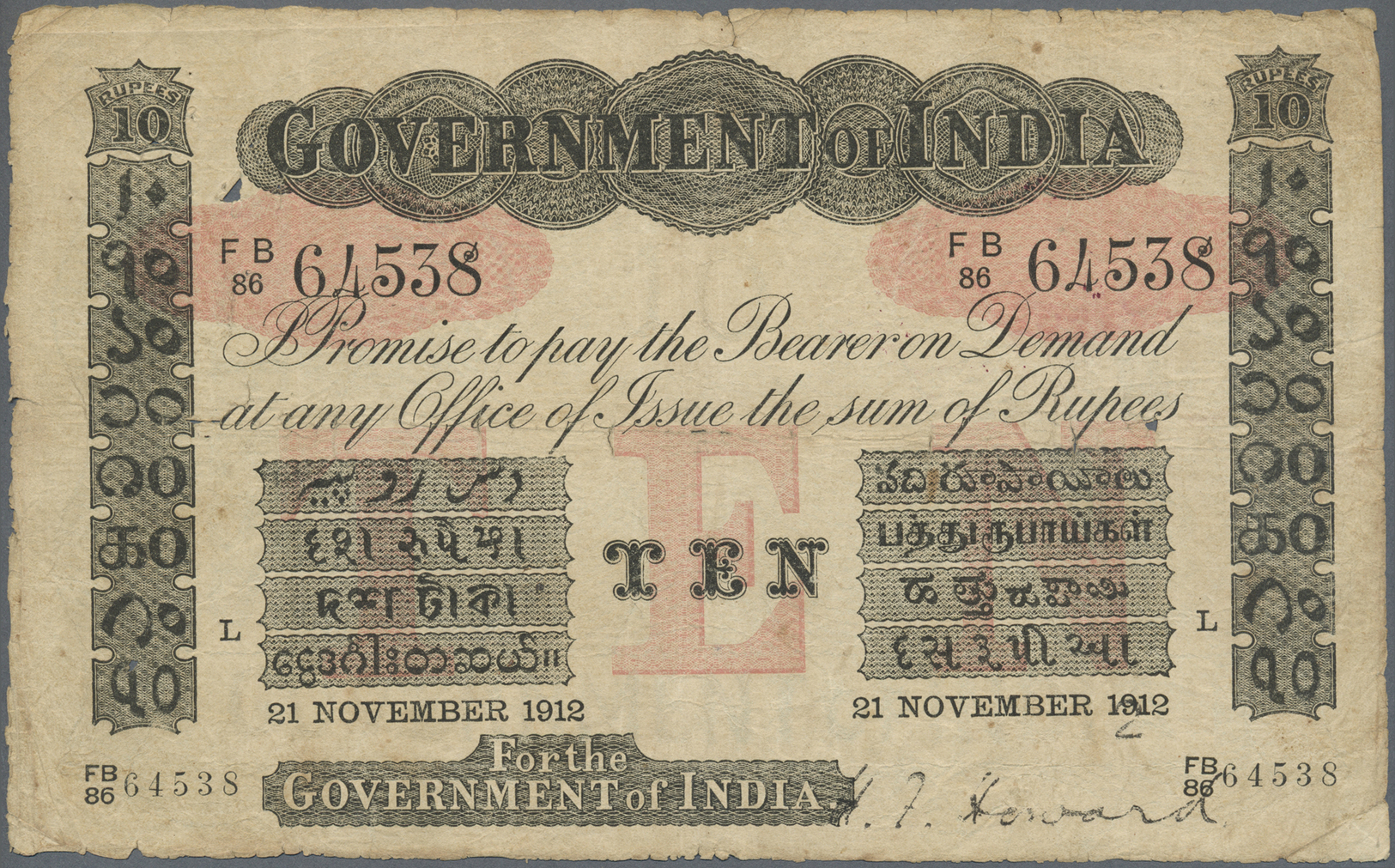 01045 India / Indien: Government Of India 10 Rupees 1912 LAHORE Issue P. A10, Used With Several Folds And Creases, Stain - India