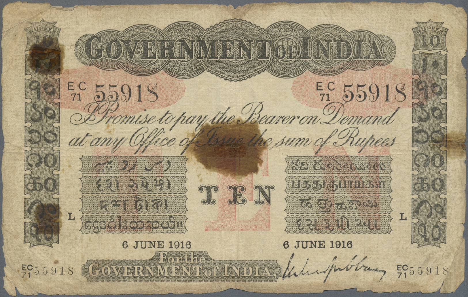01046 India / Indien: Government Of India 10 Rupees 1912 LAHORE Issue P. A10, Stronger Used With Large Stain Dots In Pap - India