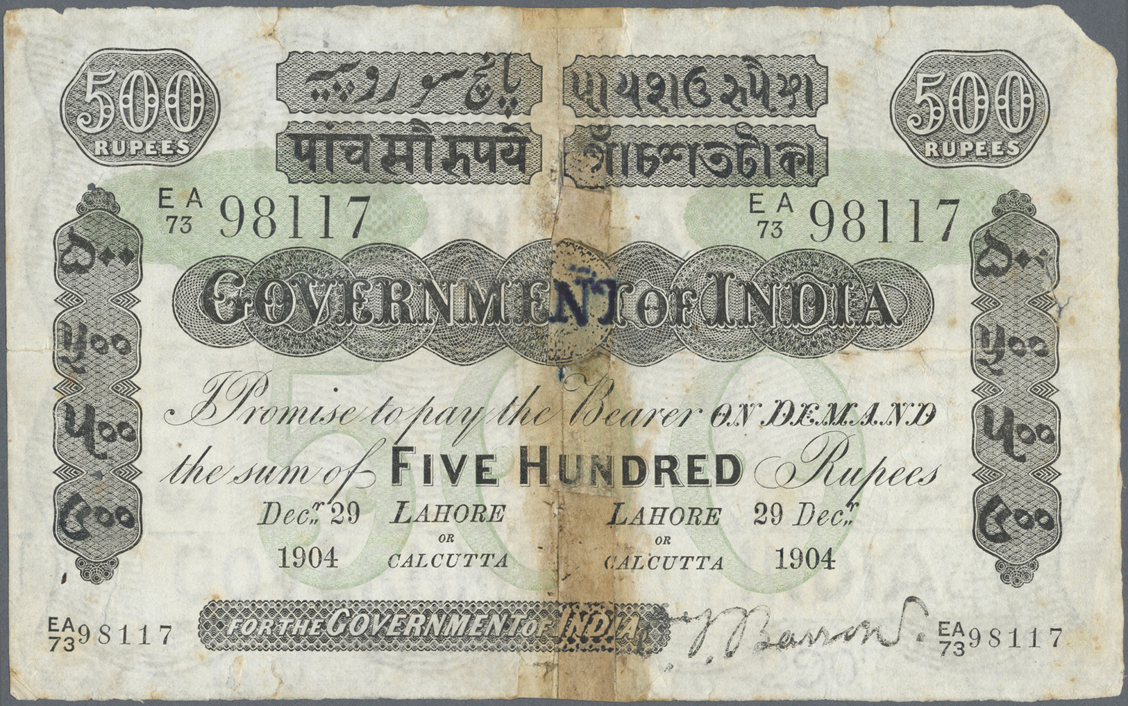 01057 India / Indien: Rare Government Of India 500 Rupees 1904 LAHORE Issue P. A18 In Stronger Used Condition With Many - India