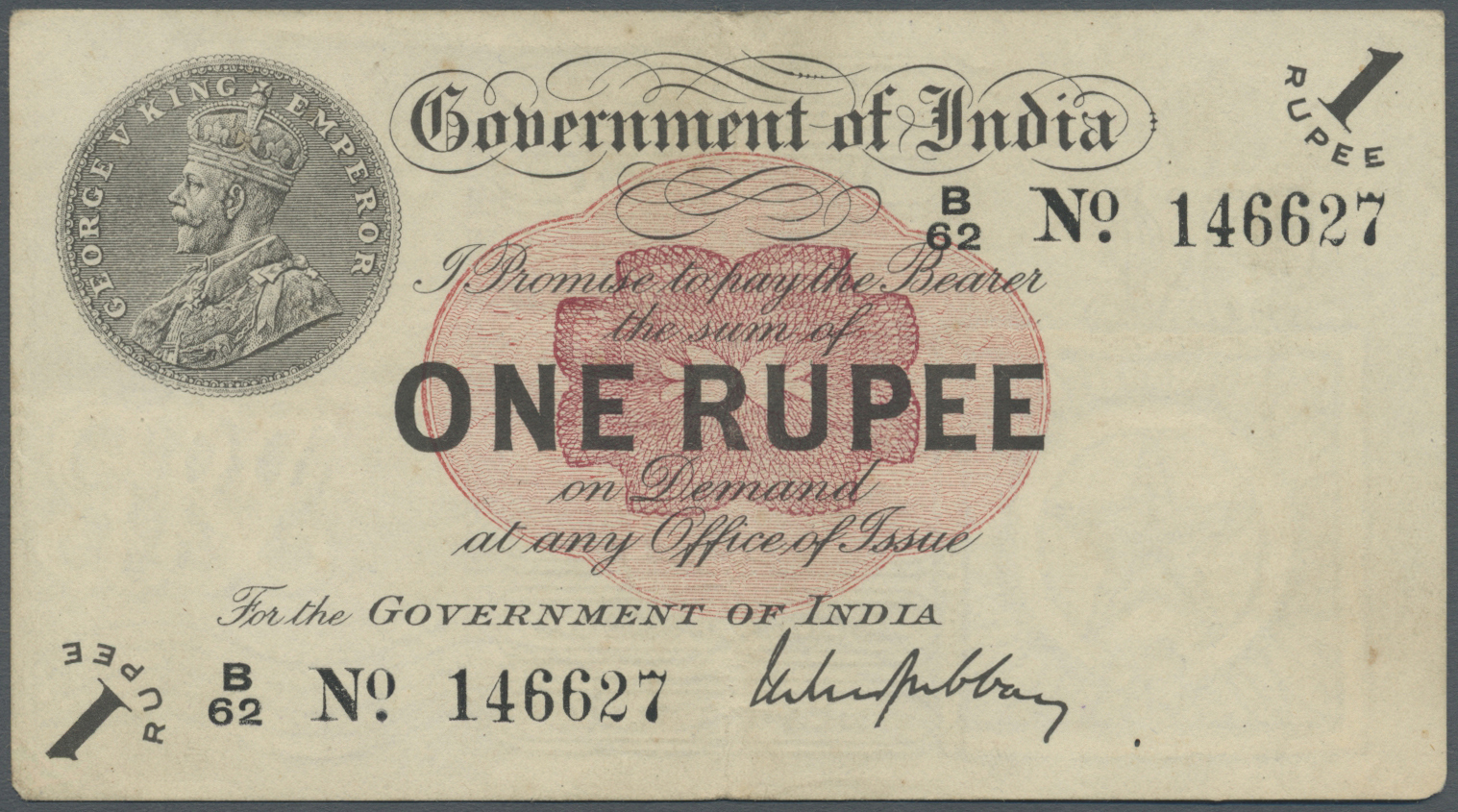 01060 India / Indien: 1 Rupee 1917 With Signature: S. Gubbay, P.1g In Very Nice Condition With Vertical Fold, Lightly St - India