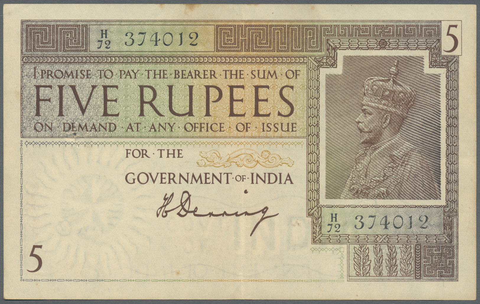 01063 India / Indien: 5 Rupees ND P. 4a KGV Portrait, Very Strong Paper With Crispness, One Larger Pinhole At Left, Ligh - India