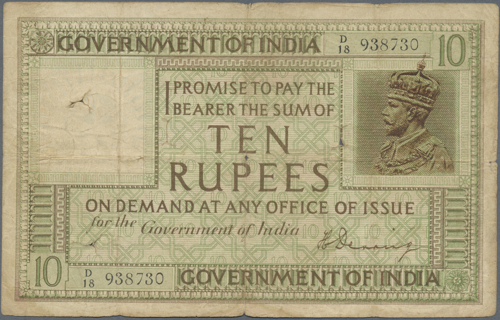 01065 India / Indien: 10 Rupees ND(1917-30) P. 6, Used With Stronger Folds, Hole At Upper Left, Light Stain In Paper, So - India