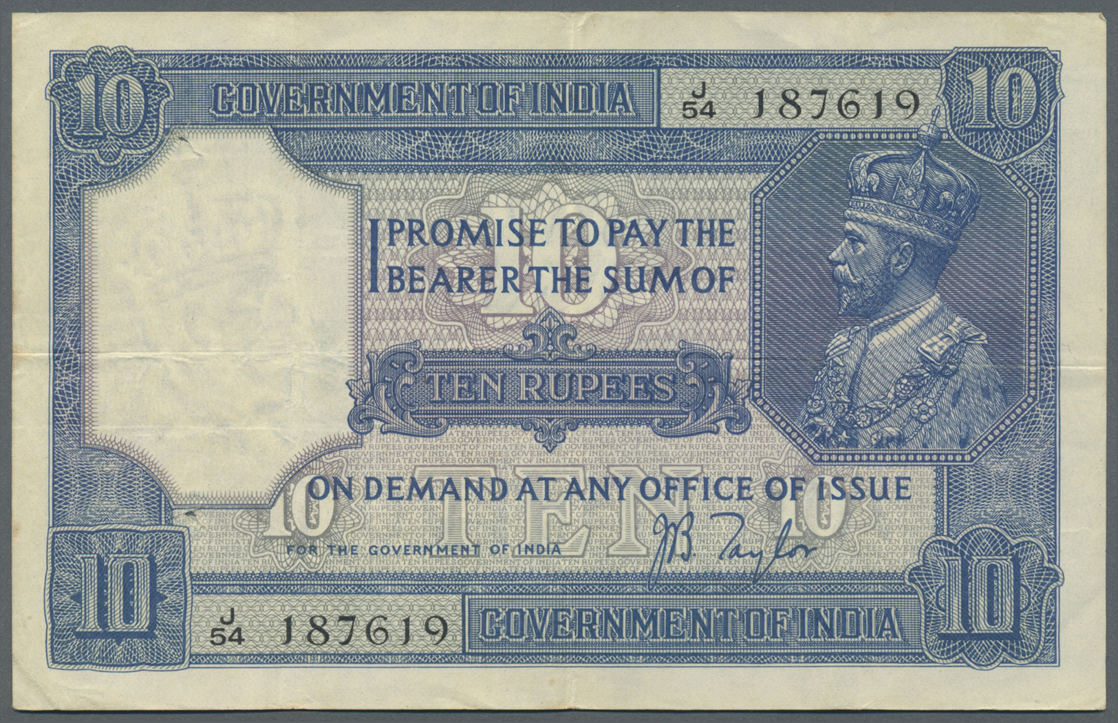 01069 India / Indien: 10 Rupees ND(1917-30) With Signature Taylor, P.7b, Very Nice Looking Note With A Few Folds, Staple - India