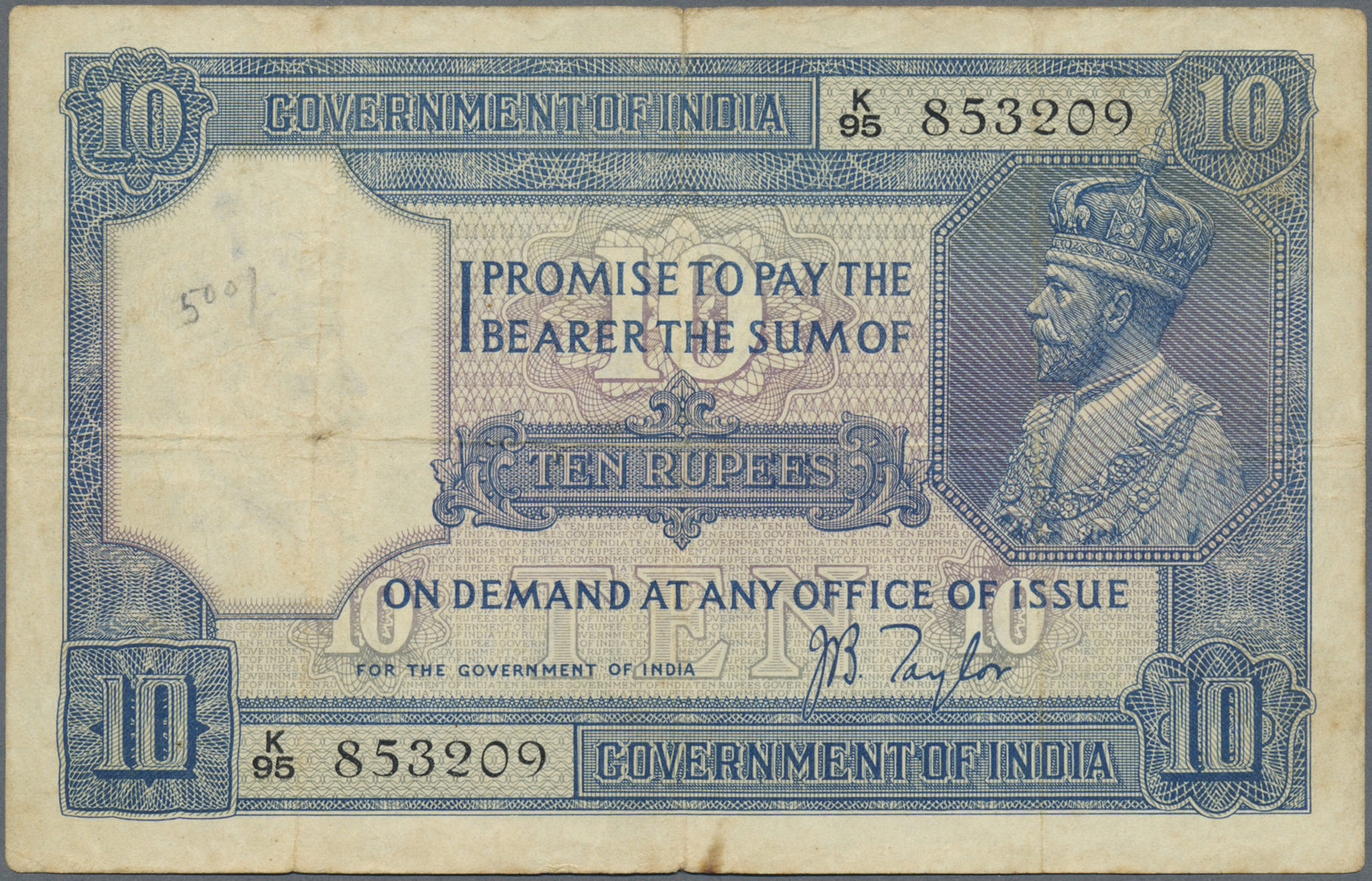 01070 India / Indien: Set Of Notes 10 Rupees ND(1917-30) P. 7b, Sign. Taylor, Both Notes Used, With Folds, Writings On T - India