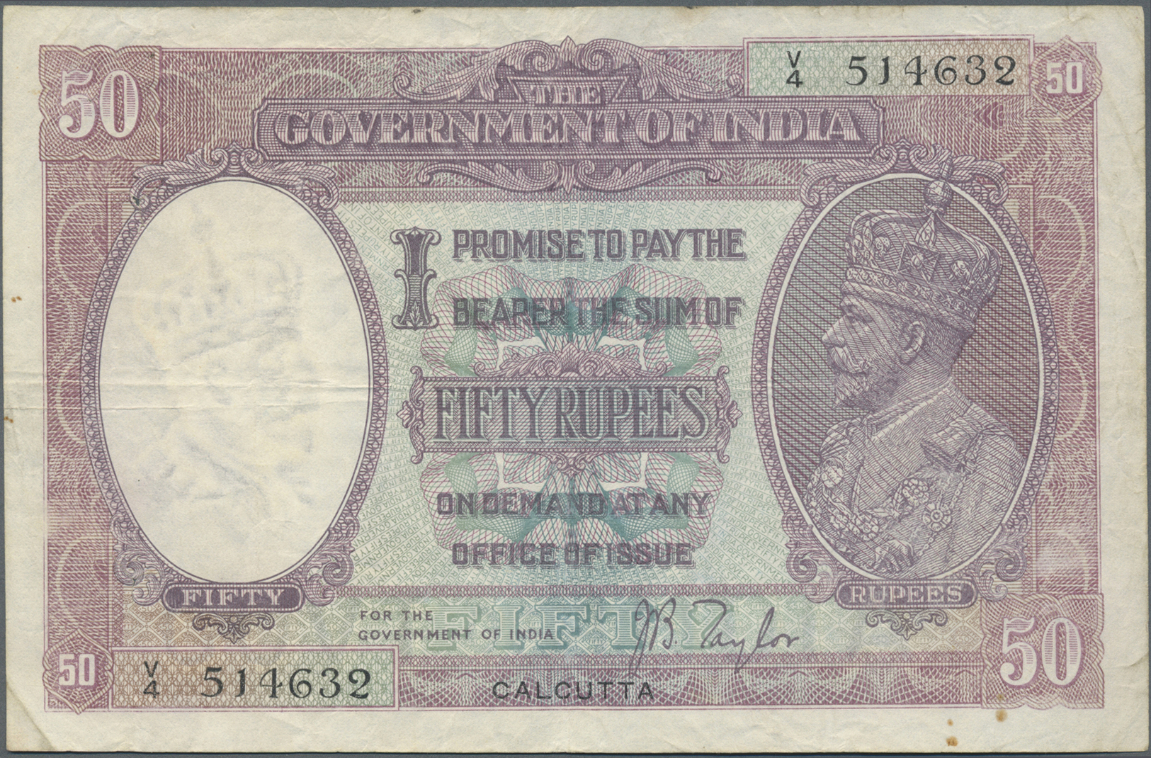 01075 India / Indien: 50 Rupees ND(1930) P. 9d, Sign Taylor, Issue For CALCUTTA, Used With Folds And Creases, A Few Pinh - India