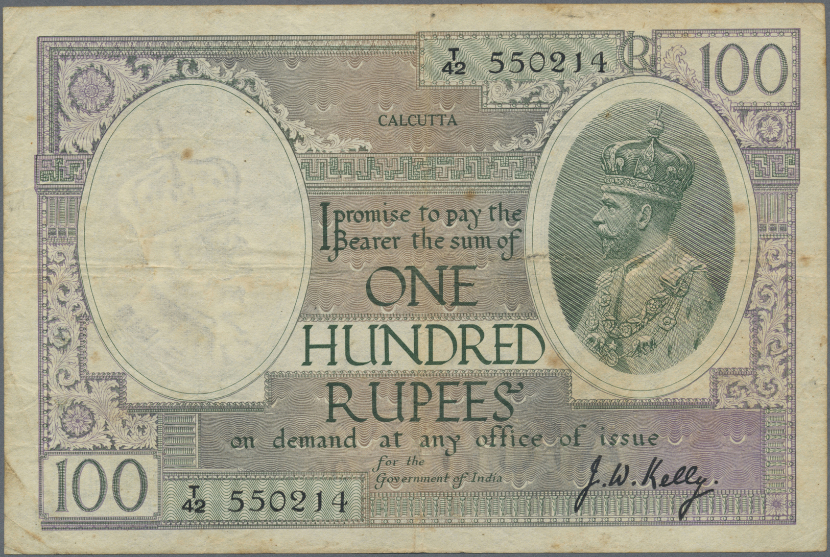 01077 India / Indien: 100 Rupees ND(1917-30) Sign. Kelly, CALCUTTA Issue P. 10h, Used With Vertical And Horizontal Folds - India