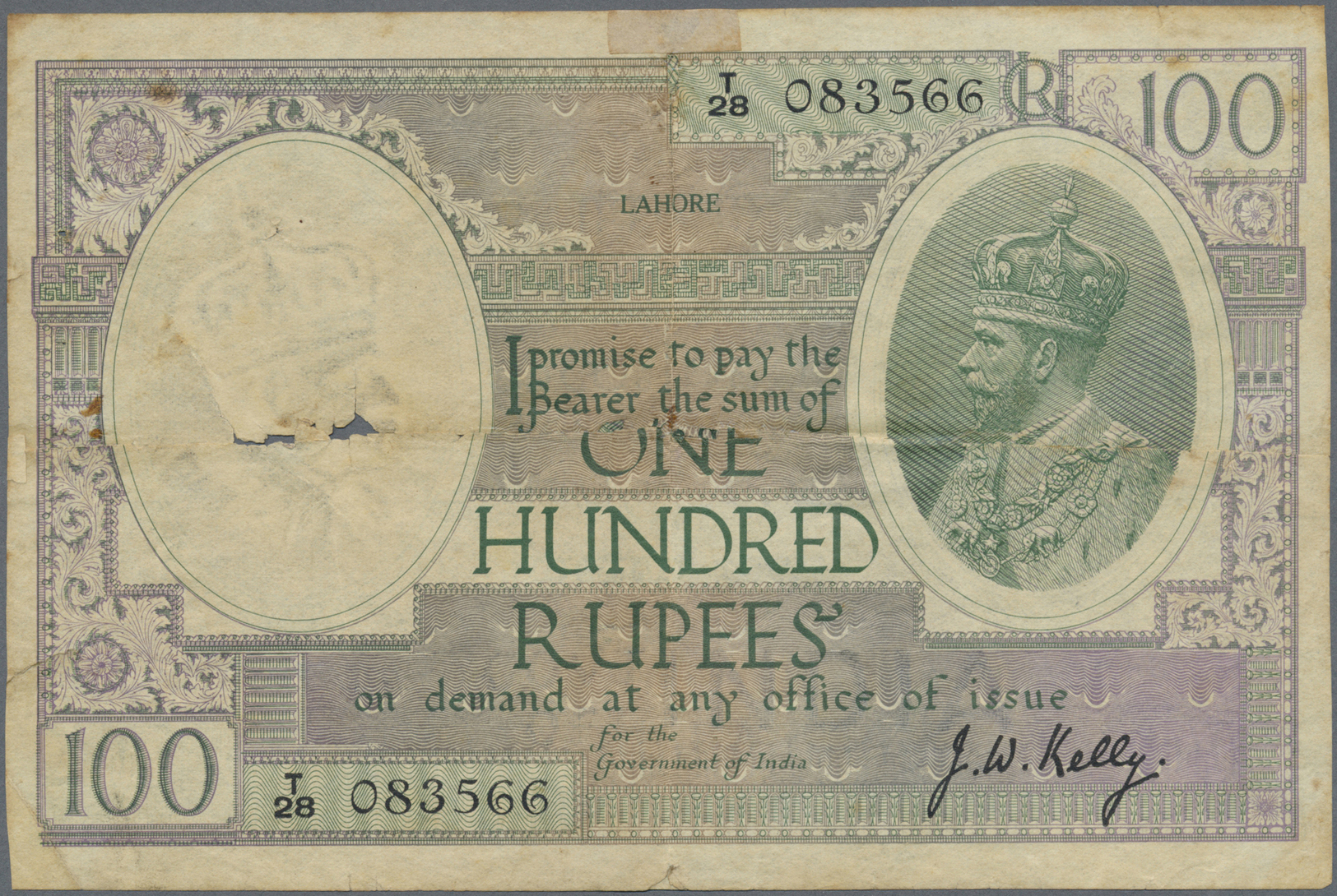 01079 India / Indien: 100 Rupees ND(1917-30) LAHORE Issue, Sign. Kelly, P. 10o, Torn And Fixed Horizontally In Center, T - India