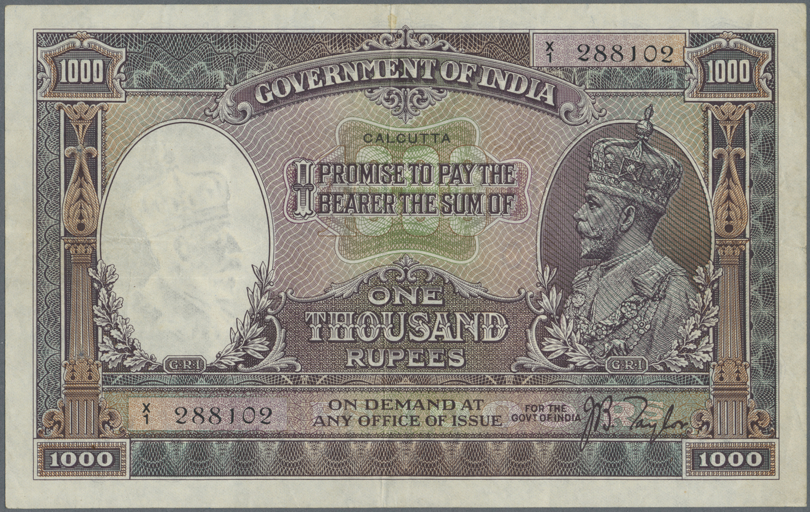 01082 India / Indien: Ultra Rare Condition Banknote Of 1000 Ruppes ND(1928) Portrait KGV P. 12c, CALCUTTA Issue, Very Cr - India