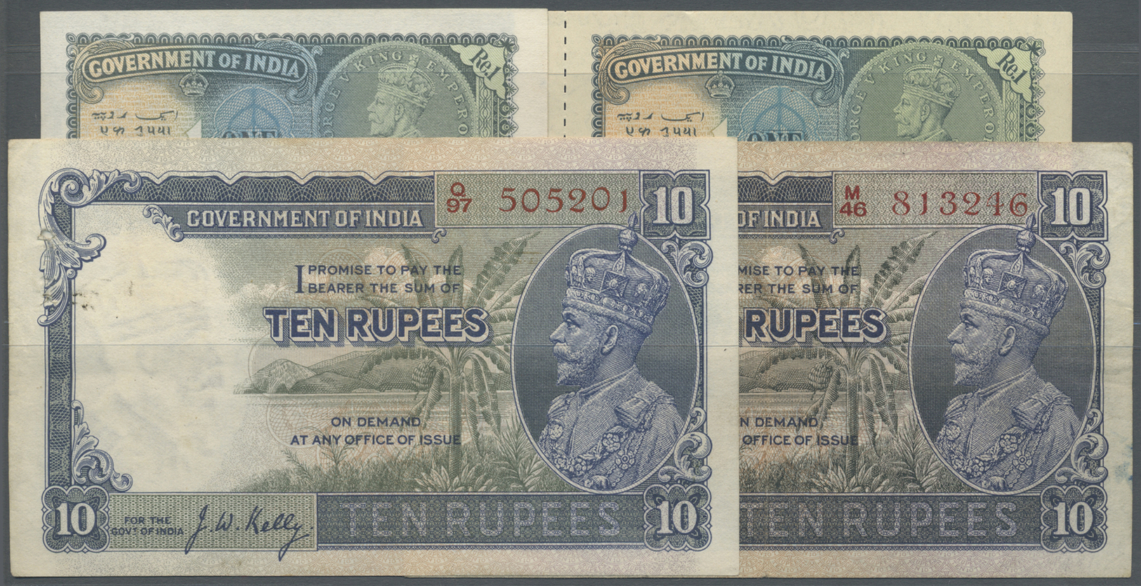 01084 India / Indien: Set With 4 Banknotes, 2 X 1 Rupee 1935 With And Without Portrait In Watermark P.14a,b (in XF, AUNC - India