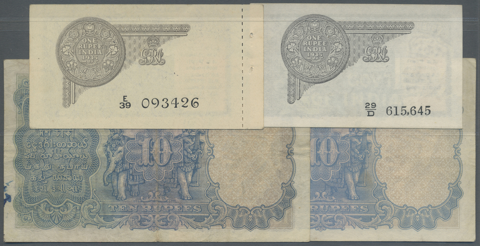 01084 India / Indien: Set With 4 Banknotes, 2 X 1 Rupee 1935 With And Without Portrait In Watermark P.14a,b (in XF, AUNC - India