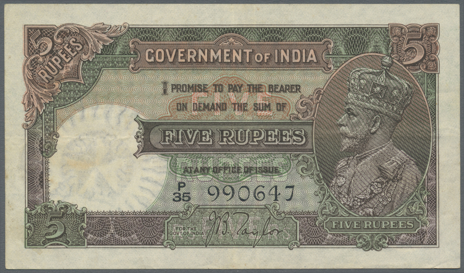 01087 India / Indien: 5 Rupees ND P. 15a, Portrait KGV, Sign. Taylor, Used With Light Folds But Still Crispness In Paper - India