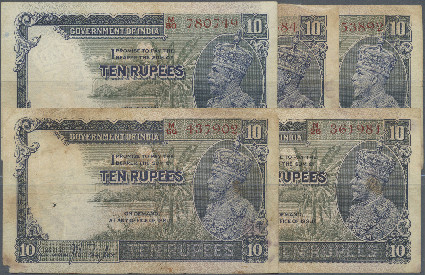 01089 India / Indien: Set Of 5 Notes 10 Rupees ND(1928-35) KGV P. 16, All In Similar Condition, Stronger Used With Stain - India