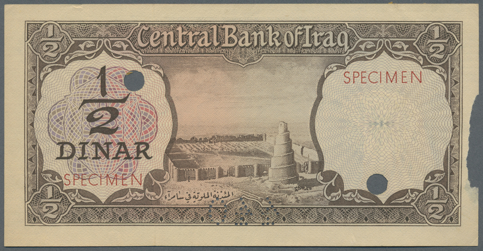 01226 Iraq / Irak: Rare But A Bit Damages Specimen Note Of 1/2 Dinar ND P. 57s With Red Arabic Specimen Overprint And Pe - Iraq