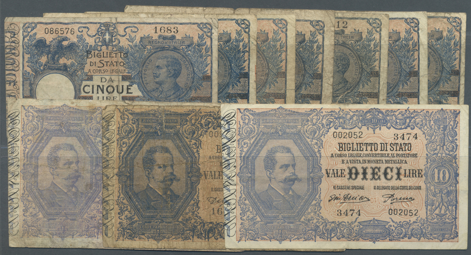 01258 Italy / Italien: Set Of 10 Notes Containgin 3x 10 Lire L.1888 P. 20 (2x VG, 1x F+) And 7x 5 Lire L.1904 P. 23 All - Other & Unclassified