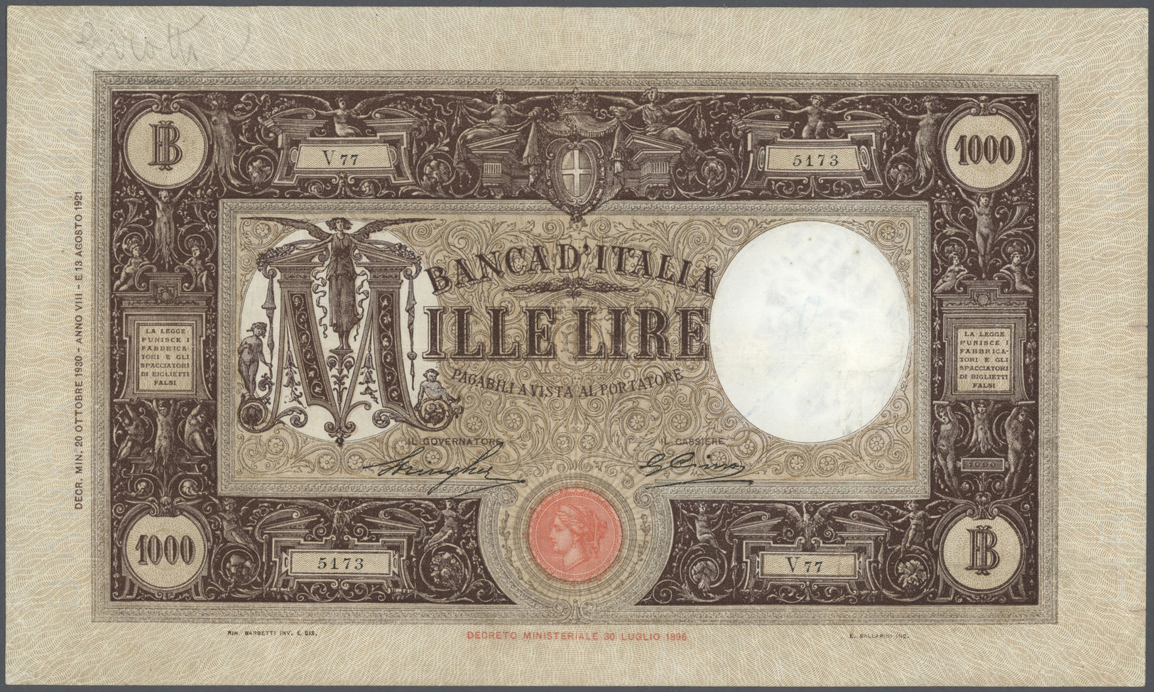 01260 Italy / Italien: 1000 LIre 1930 P. 62 / Bi618, Washed And Pressed But Still Nice Condition, No Repairs, Faded Ink - Other & Unclassified