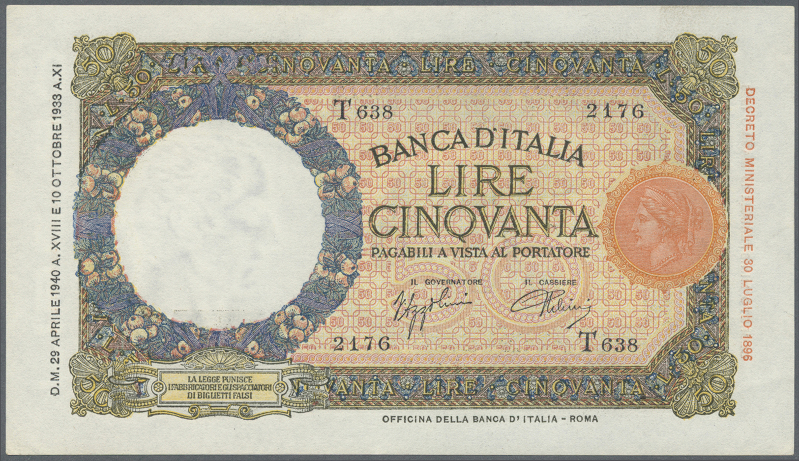 01261 Italy / Italien: Set Of 2 Nearly Consecutive Notes 50 Lire 1940 P. 54b, Numbers #2178 And #2176 Very Crisp Notes W - Other & Unclassified