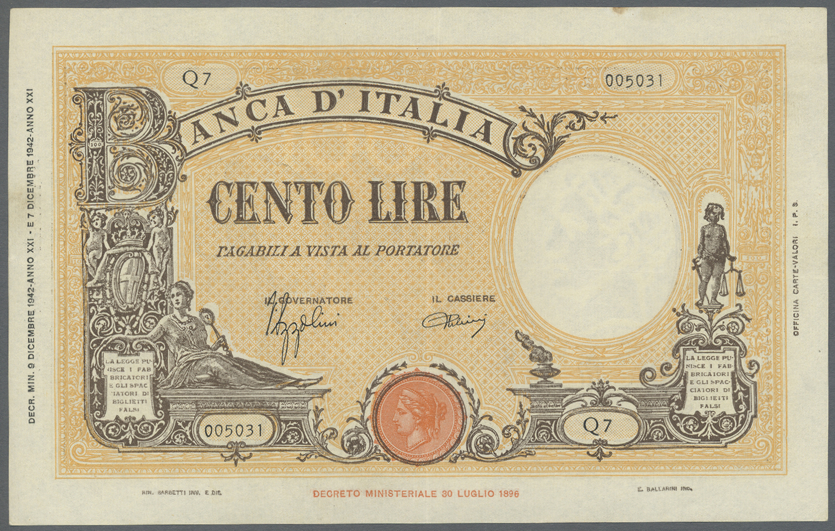 01262 Italy / Italien: 100 Lire 1942 P. 59 / Bi 370, One Light Center Fold, Pressed (even It Was Not Really Necessary To - Other & Unclassified