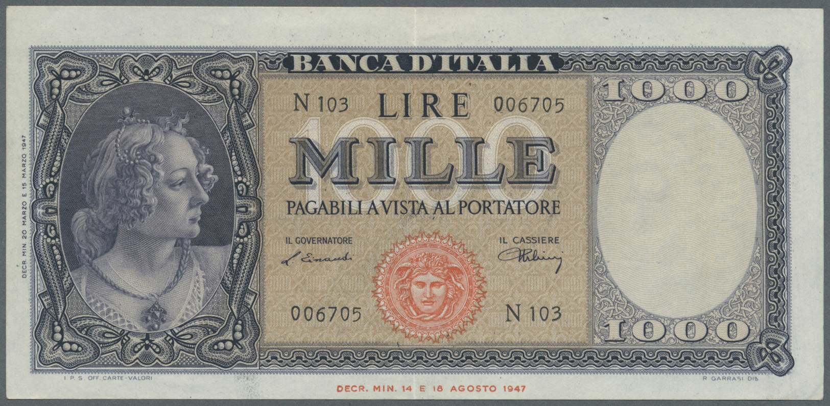 01263 Italy / Italien: 1000 Lire 1947 P. 83, Center Fold And Light Corner Dint, Crisp Original Paper And Colors Without - Other & Unclassified