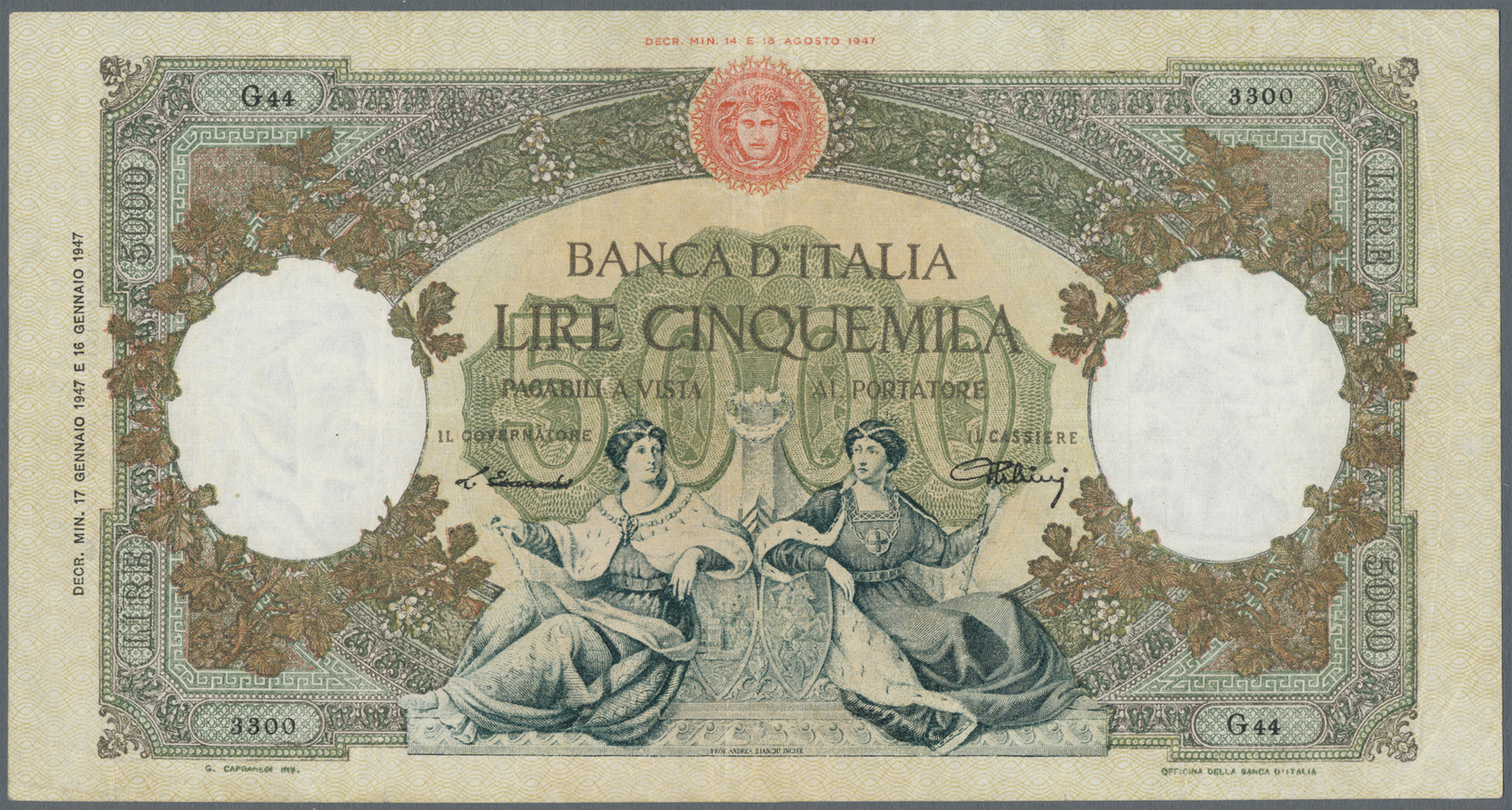 01264 Italy / Italien: 5000 Lire 1947 P. 85a, Light Folds In Paper, Washed And Pressed But Still Strong Paper And Nice C - Other & Unclassified