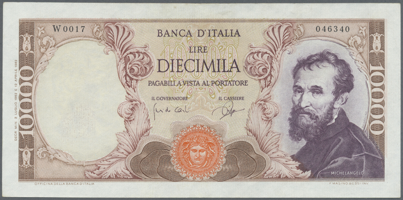 01268 Italy / Italien: 10.000 Lire 1962, Replacement Note With Serial "W", P.97a In Excellent Condition With Very Soft V - Other & Unclassified