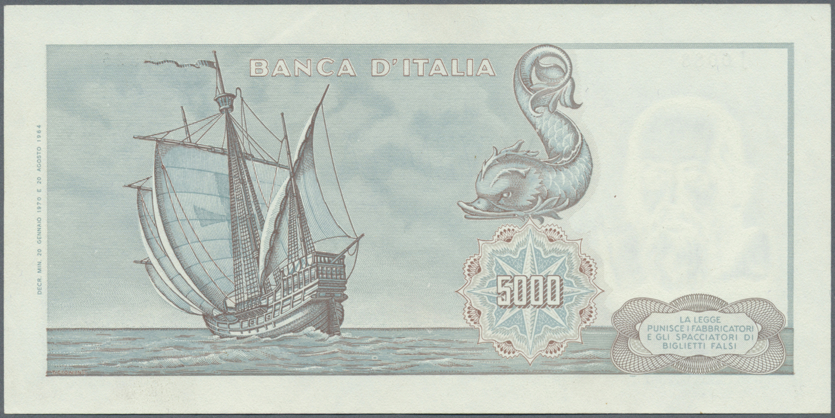 01269 Italy / Italien: 5000 Lire 1970 P. 98, Only Light Vertical Folds In Paper, No Holes Or Tears, Not Washed Or Presse - Other & Unclassified