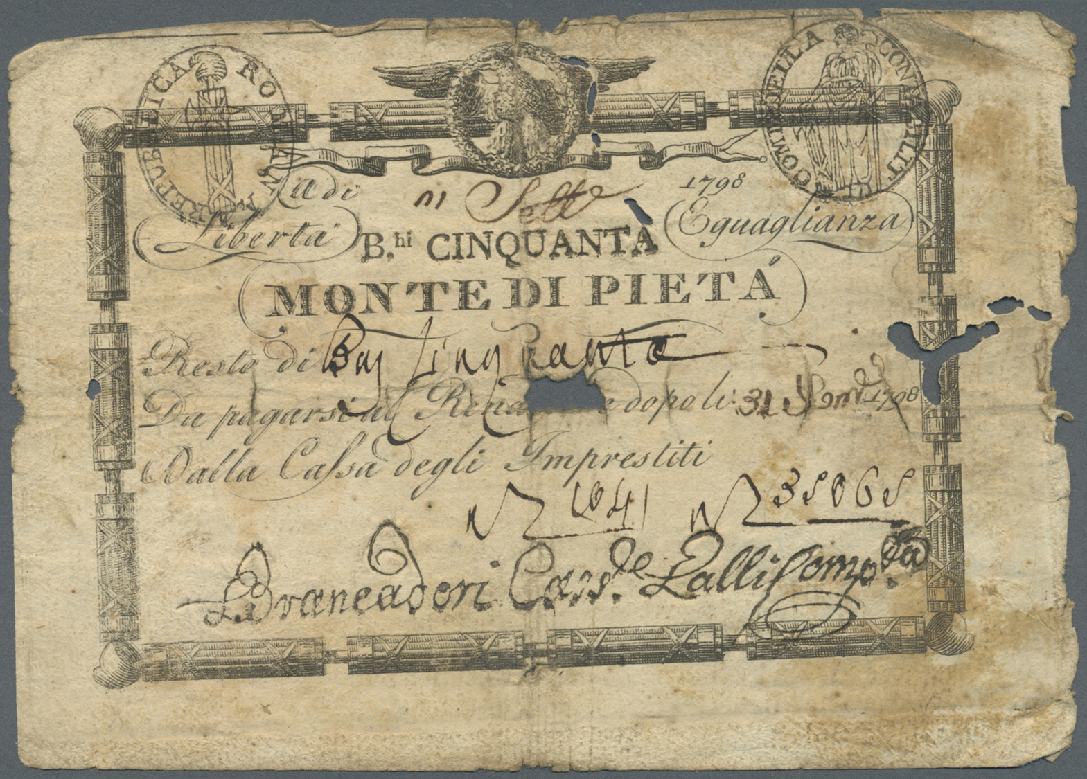 01278 Italy / Italien: Set Of 9 Banknotes Of The Papal Issues In Italy Dated 1798 Containing 3x 50 Baiocchi 1798 P. S528 - Other & Unclassified