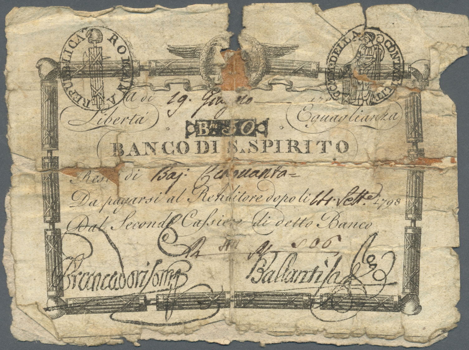 01278 Italy / Italien: Set Of 9 Banknotes Of The Papal Issues In Italy Dated 1798 Containing 3x 50 Baiocchi 1798 P. S528 - Other & Unclassified