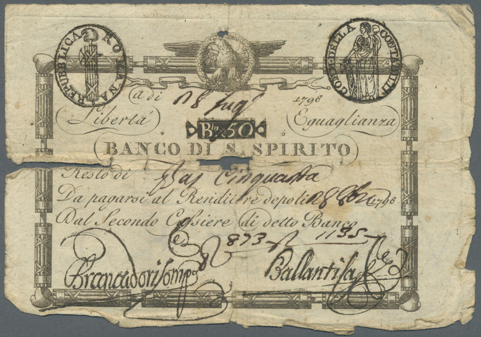 01278 Italy / Italien: Set of 9 banknotes of the Papal issues in italy dated 1798 containing 3x 50 Baiocchi 1798 P. S528