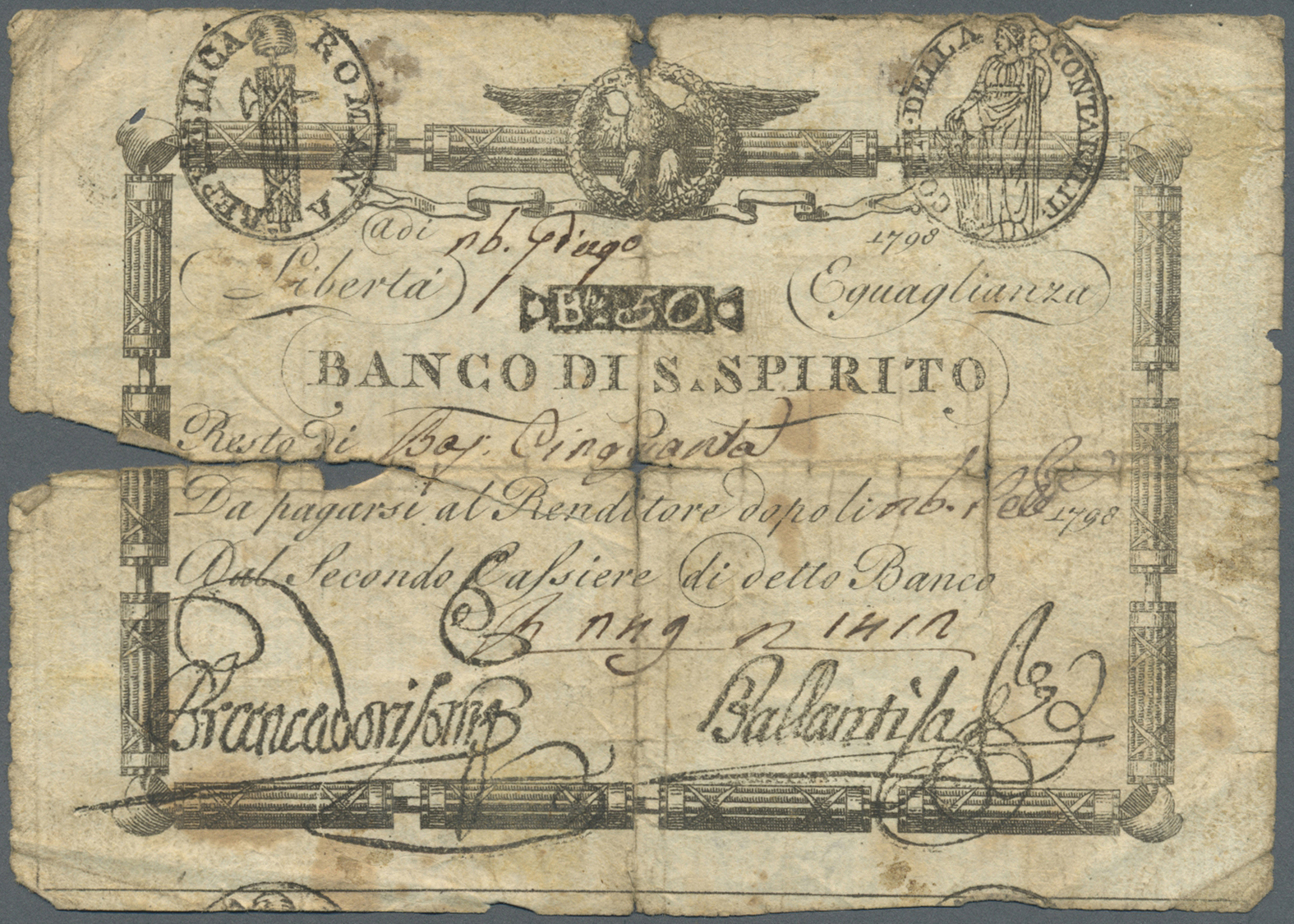01278 Italy / Italien: Set of 9 banknotes of the Papal issues in italy dated 1798 containing 3x 50 Baiocchi 1798 P. S528