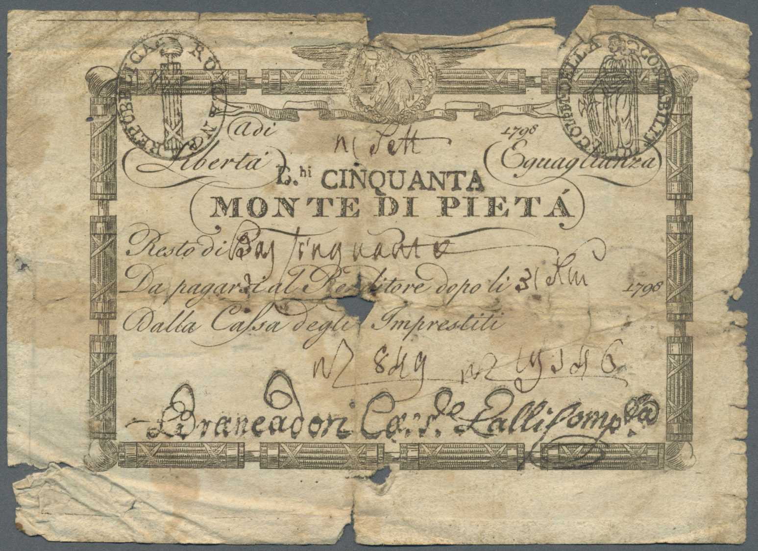 01278 Italy / Italien: Set of 9 banknotes of the Papal issues in italy dated 1798 containing 3x 50 Baiocchi 1798 P. S528