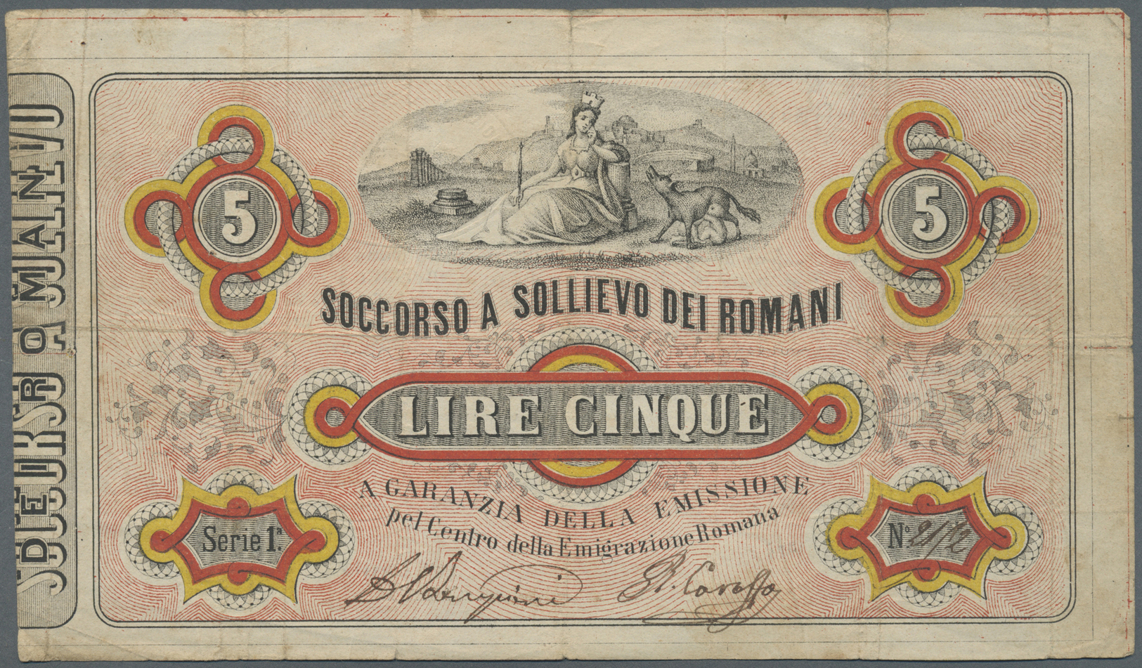 01281 Italy / Italien: Soccorso A Sollievo Dei Romani 5 Lire 1867 P. NL, Used With Several Folds, 3 Tiny Center Holes, N - Other & Unclassified