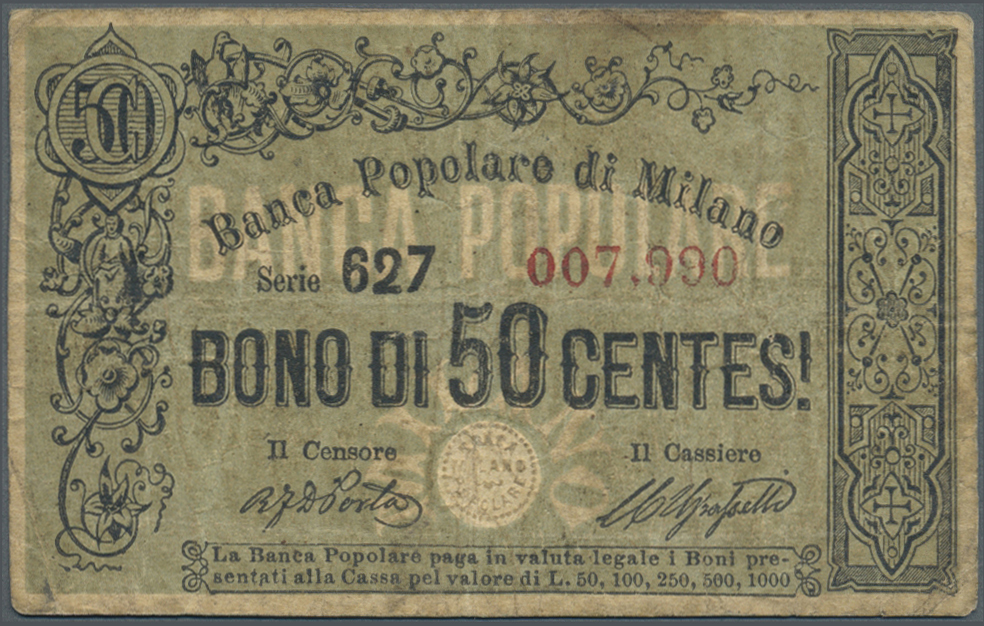 01282 Italy / Italien: Banca Poplaro Di Milano 50 Centesimi ND P. NL, Used With Folds And Stainings But No Tears Or Repa - Other & Unclassified