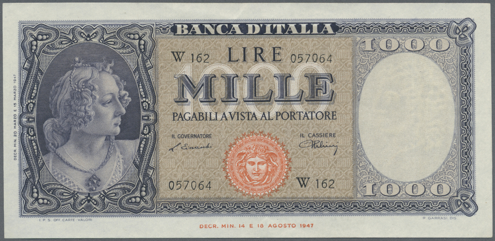 01286 Italy / Italien: 1000 Lire 1947 REPLACEMENT Letter "W" Bi 695sp, Light Center Bend, Handling And Light Corner Fold - Other & Unclassified